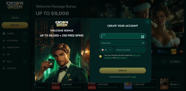 Crowngreen user registration and account creation screen