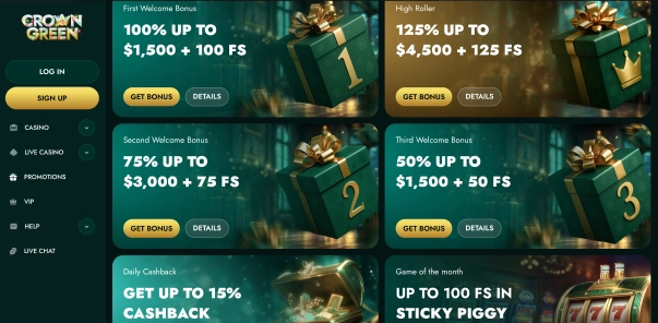 Crowngreen casino promotions dashboard with bonus offers